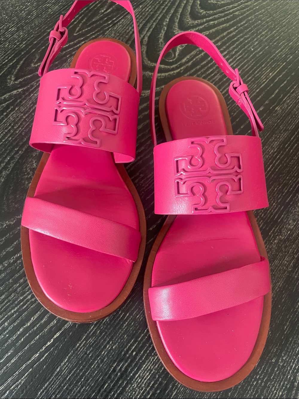 Tory Burch Hot Pink Leather Logo Slingback Sandals with box